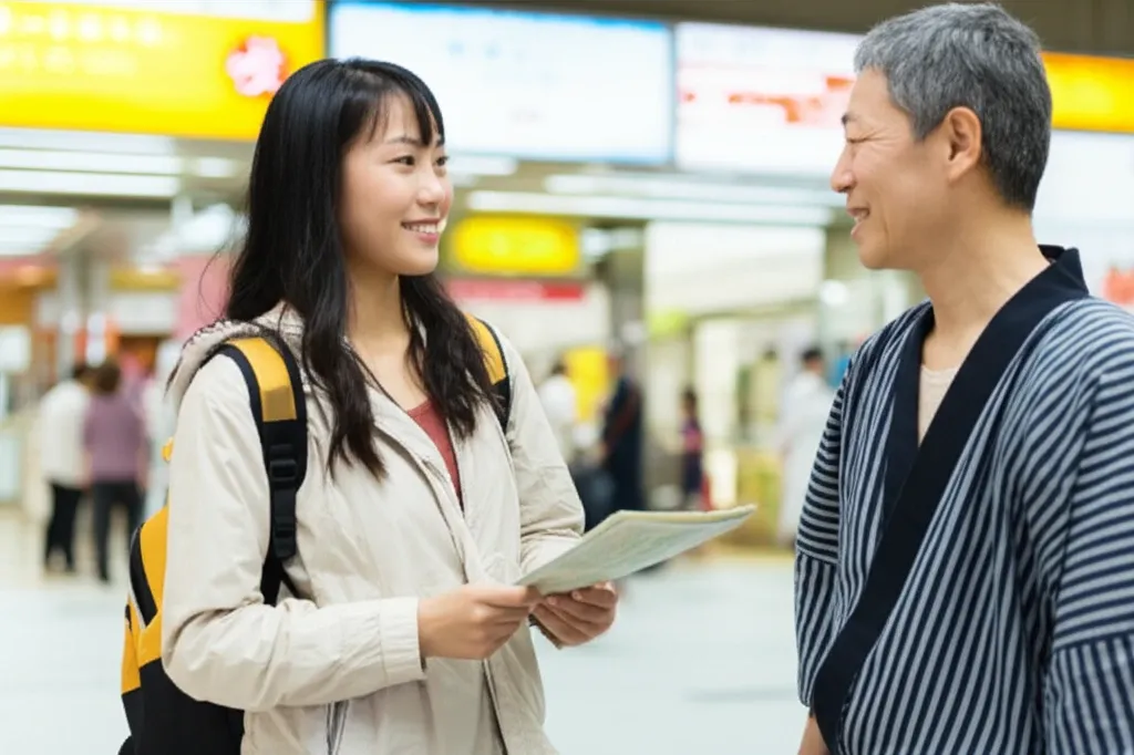 Khách du lịch Việt đang hỏi đường đến khách sạn Ryokan truyền thống từ một người dân địa phương gần ga tàu Nhật Bản, giao tiếp thân thiện