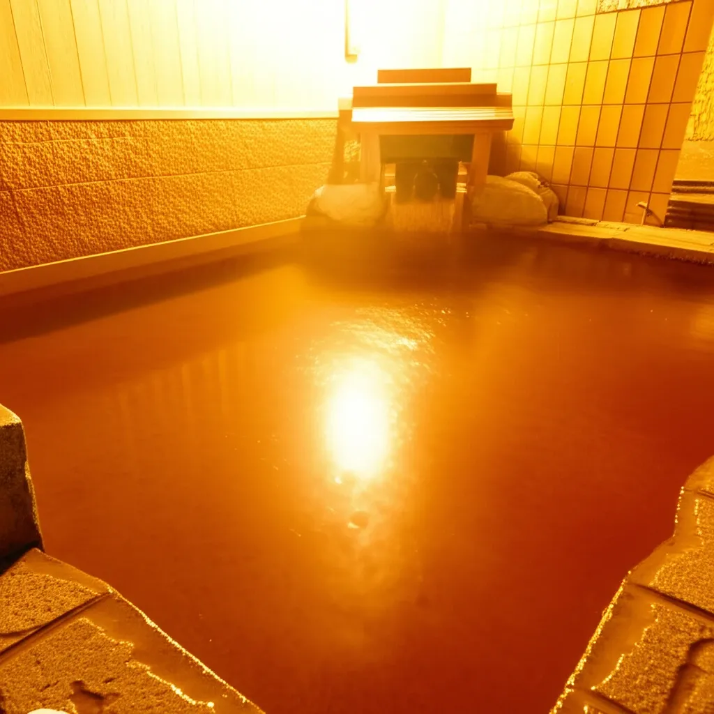 Suối nước nóng Kin no Yu (suối vàng) tại Arima Onsen, với màu nước đặc trưng nâu đỏ giàu sắt, nổi tiếng với công dụng chữa bệnh về da.