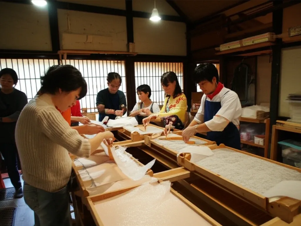 Du khách trải nghiệm làm giấy Washi truyền thống tại Làng Cổ Gassho-mura.