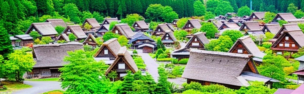 Toàn cảnh Làng Cổ Gassho-mura với những ngôi nhà mái tranh dốc đứng giữa không gian xanh mát.