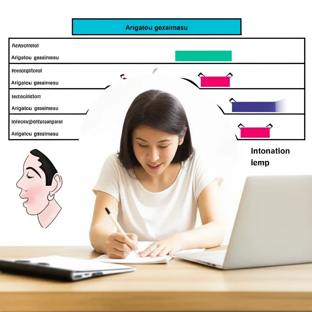 Một người đang thực hành phát âm tiếng Nhật "Arigatou gozaimasu" với biểu đồ ngữ điệu và mẹo ghi nhớ hình ảnh.