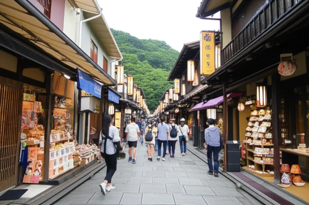Du khách dạo bước trên con phố Yumotozaka sầm uất ở Arima Onsen, tận hưởng không khí cổ kính và mua sắm quà lưu niệm độc đáo.
