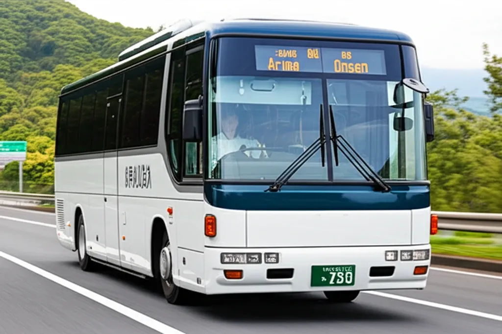 Một chiếc xe buýt cao tốc đang di chuyển trên đường đến Arima Onsen, mang đến sự tiện lợi cho du khách từ các thành phố lớn như Osaka hoặc Kobe.