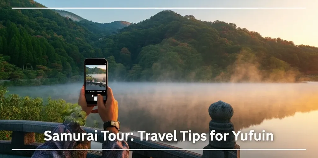 Một du khách đang ghi lại khoảnh khắc tuyệt đẹp của Yufuin, minh họa mẹo du lịch hữu ích từ Samurai Tour.