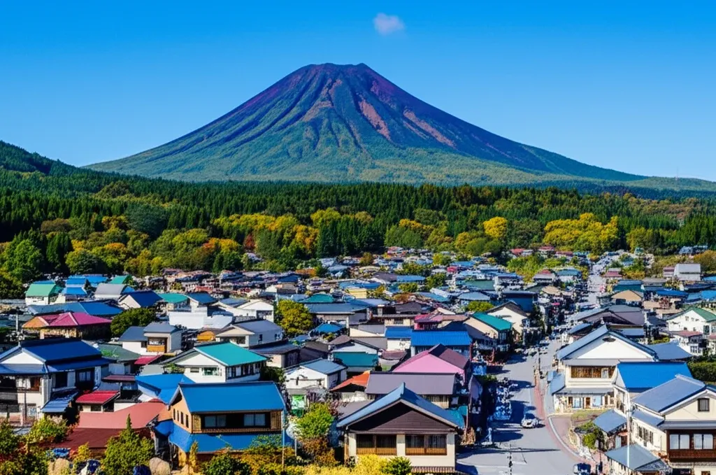 Toàn cảnh thị trấn Yufuin Onsen yên bình với núi Yufu hùng vĩ, điểm đến lý tưởng cho du khách yêu thiên nhiên.