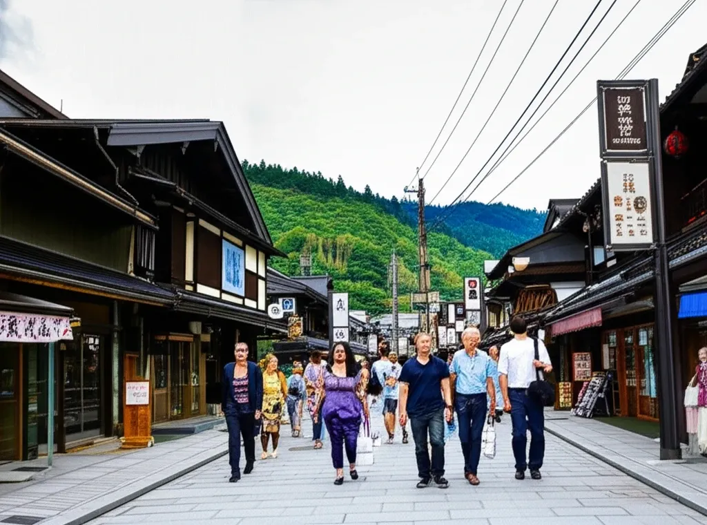Du khách tản bộ trên con phố mua sắm Yunotsubo Kaido sầm uất ở Yufuin, với nhiều cửa hàng độc đáo và quán ăn hấp dẫn.